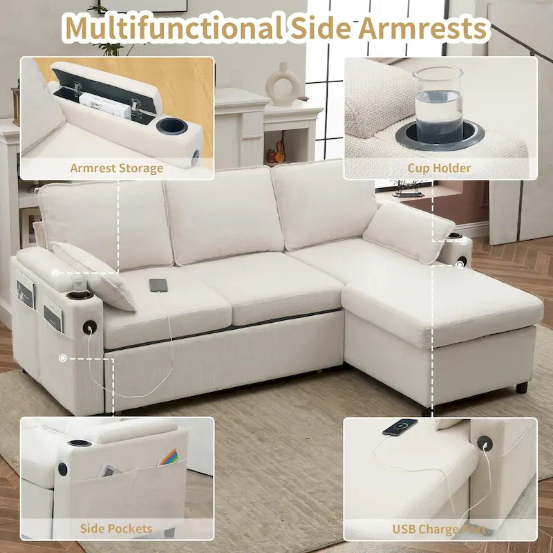 Modern Fabric Upholstered Sleeper Sofa with Pull-Out Bed and Storage