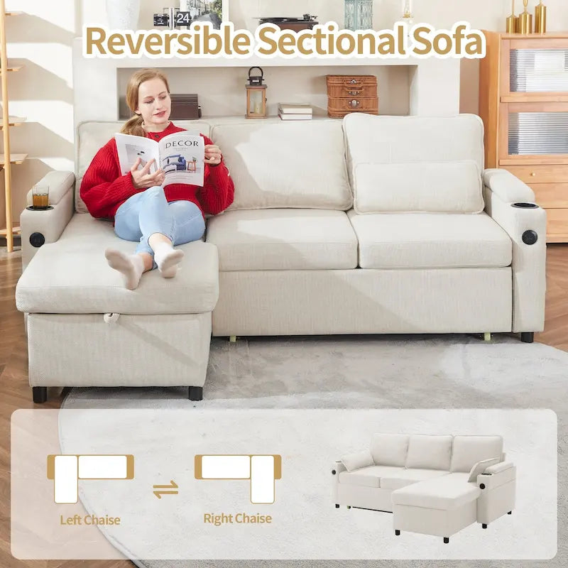 Modern Fabric Upholstered Sleeper Sofa with Pull-Out Bed and Storage
