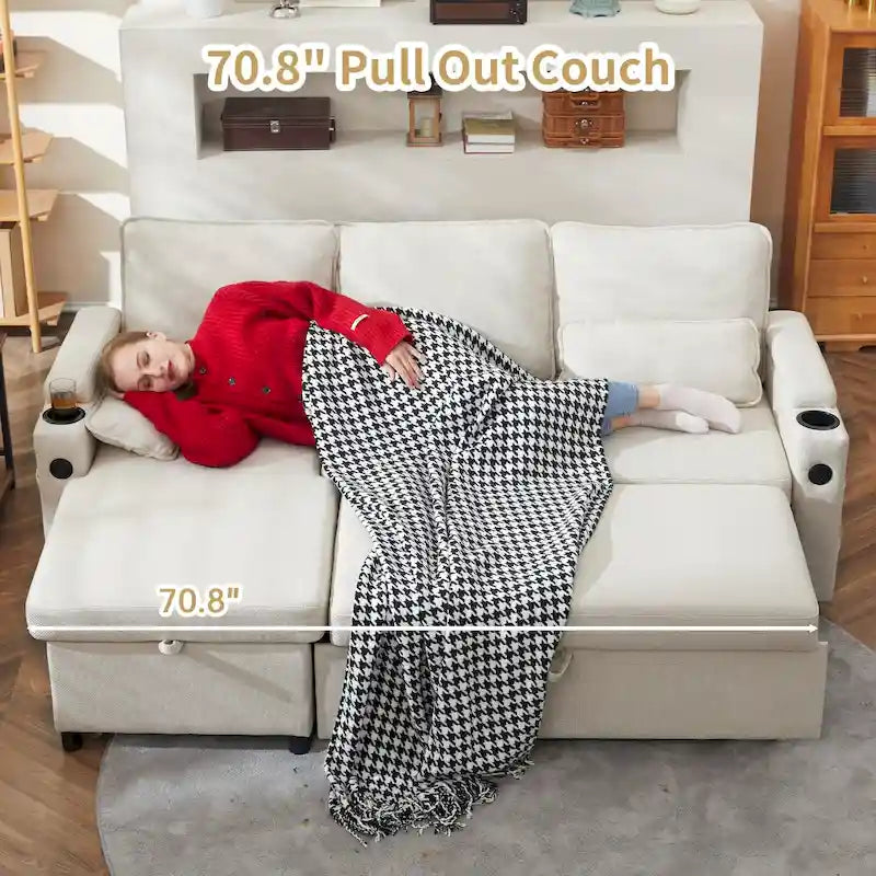 Modern Fabric Upholstered Sleeper Sofa with Pull-Out Bed and Storage